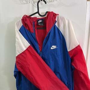 Nike Red Blue White Windbreaker Hooded Full Zip Jacket